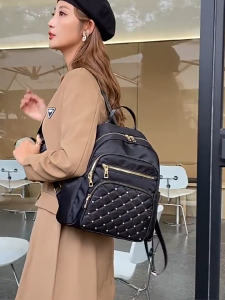 Womens Fashion Backpack Korean Large Capacity Simple Womens Bag School Checker Car Sewing Rivet