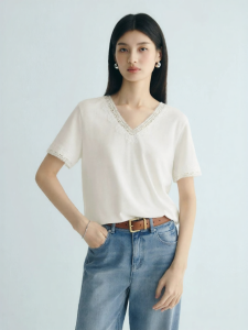Eifini | Lace V-Neck Lyocell Linen Womens Short Sleeve Top