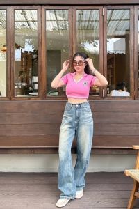 🌈MesubShop🌈เสื้อครอปแขนสั้น ทรงคอวี ปักลายช่วงอก 💖 รุ่น น้ำผึ้ง B-019-4-A