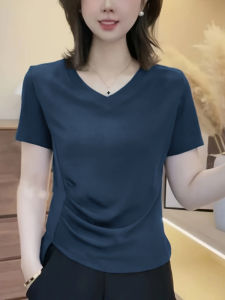 Pure Cotton Short Sleeve T-Shirt Womens Fashion Pleated Slimming Asymmetrical Top Korean Style Straight Cut V-neck Summer