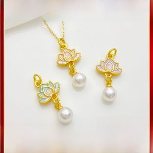 Handmade DIY Vintage Gold Plated Pearl Pendant Drop Earrings Necklace Jewelry Accessories Small Drip Lotus Flower Design