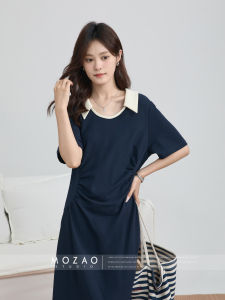 Elegant Short Sleeve Wrap Neck Slim Fit Dress Womens Summer New Style Small Size Long Dress A-Line Skirt Cotton Polyester
