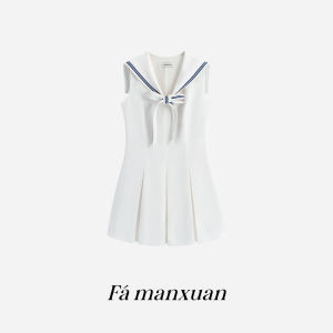 FAMANXUAN | French Style Bow Design Sailor Collar Sleeveless Acetate Dress