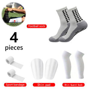 4 Pieces Football Accessories Outdoor Football Socks Non-slip Sports Socks Bandages   Shin Pads Calf Compression Socks