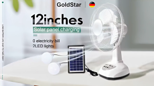 GoldStar Solar Rechargeable Stand Fan 10000mAh Battery 3-Speed Brushless Motor Low Noise Electric Fan with LED Light AC/Solar Charging for Home Outdoor