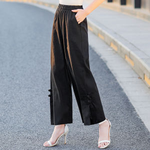 Middle-Aged and Elderly Womens Pants Linen Elastic Waist Wide Leg Pants Female Ethnic Cropped Pants Mom Summer Clothes Casual Big Leg Skort