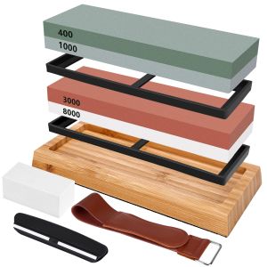 JUSTINLAU | JUSTINLAU 400/1000 3000/8000 Mesh Professional Knife Sharpening Stone Kit Non-slip Bamboo Base Double-side Knife Whetstone Tools