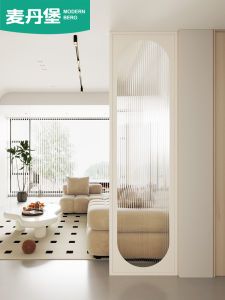 French Style Creamy Wooden Glass Screen Partition Living Room Entrance Hall Bathroom Wave Pattern Long Rainbow Glass Separator