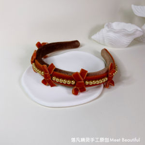Original Design French Vintage Orange Velvet Hairband with Butterfly Knot Pearl Champagne Gold Headband Fashionable Hair Accessories