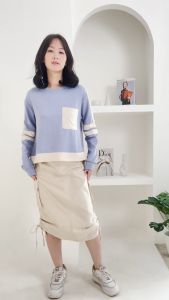 QUEENTIN Sweater Wanita Crop Kombinasi 0787 Stretch Aster Snowy Knit Polos Lengan Panjang