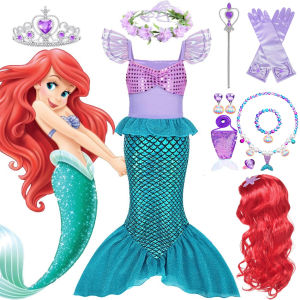 Princess Mermaid Tail Dress Childrens Birthday Party Costume Baby Girl Halloween Cosplay Outfit Short Sleeve Polyester Skirt