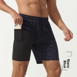 Mens Five-Quarter Running Shorts Speed Dry Marathon Training Sports Shorts with Inner Pouch for Mobile Phone Quick Dry