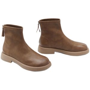 Slim Short Boots Fleece Lined Chunky Heel round Toe Booties for Women Vintage British Style Coffee Bean Color PU Leather Short Boots