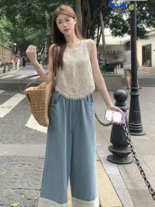 Summer Retro Lace Shirt Cotton and Linen Womens New round Neck Sleeveless Thin Tassels Loose-Fitting All-Matching Short Vest Tops