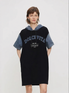 URLAZH | Summer New American Retro College Style Denim Patchwork Loose Hooded Dress