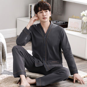 Mens Cotton Long-sleeved Casual Cardigan Pajama Set for Spring and Autumn Loose Fit Plus Size