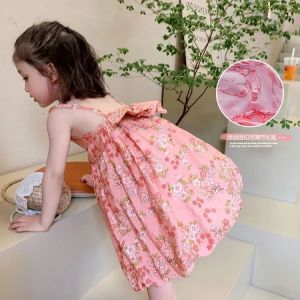 Little DR Dress for Kids Girls Summer Pink Floral Suspender Skirts Korean Teenage Blue Bow Fashion Green Chiffon Dresses 2024 INS 12 Years Children Baby Princess Cllothes baju raya budak perempuan
