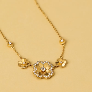 Chow Sang Sang 周生生 999 Pure Gold Gold Rhyme Diamond Four-Leaf Clovers Necklace for Women 47cm 96049N