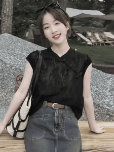 Áo Thun Tay Ngắn Phong Cách Trung Hoa Mới Cho Nữ Mùa Hè Thiết Kế Mới Có Nút Áo Không Tay Thanh Lịch Thời Trang Thường Ngày
