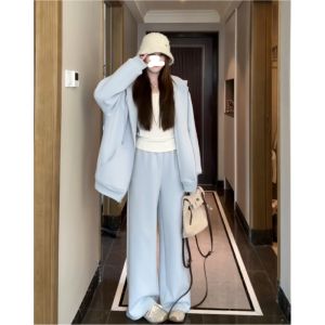 Blue Cotton Sportswear Set Womens Spring Autumn Loose Casual Fashion Two-Piece Suit Korean College Style Hoodie Pants