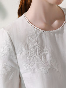 Miccbeirn | Pure Flax Embroidered Lace Straight Dress Elegant Fresh Moonlight White Miniature Small White Dress Summer Season Short Sleeve