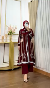 VALENCIA LONGSET TALI best seller setelan tunik motif wayang viral setelan muslimah kekinian