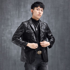 Haining เสื้อหนังแท้ชุดสูทหนังผู้ชายแจ็กเก็ตหนังแท้หนังแพะเสื้อสูทเข้ารูปตราสัญลักษณ์เสื้อโค้ทสุดเท่สุดเท่