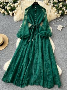 Elegant Western Style Lace Collar Single Breasted Heavy Embroidery Lantern Sleeves Waist Cinching Long Dress