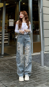 Quần Jeans ống suông nữ 2 túi hộp & rách mẫu quần bò ống rộng đứng cổ điển theo thời gian QJ195