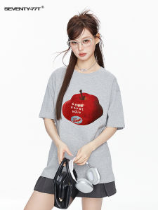 Retro American Fun Red Apple Print Pure Cotton Versatile T-Shirt Summer 2025 Korean Style Loose Fit Creative Pattern Short Sleeve round Neck