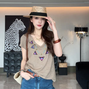 Summer Fashion V-Neck Short Sleeve T-Shirt Womens Loose Slimming Casual Top Creative Geometric Pattern Korean Style