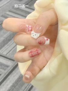 Student Short Wearing Nails Set 2024 New Plaid Full Set False Nails Patches Finished Products Easy to Wear Nail Art Tools