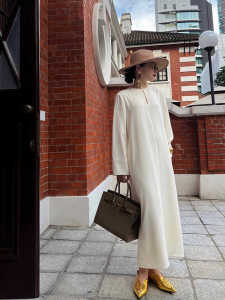 Eos Silk Acetate Minimalist Style Long Sleeve V-neck Open Split Loose Dress Elegant Autumn New Design Womens Fashion Dress