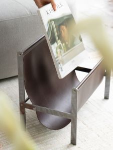 Ruonai Home Danish Mid-Ancient Ebony Color Leather Bedside Supporter Book Storage Side Table Stainless Steel Corner Table