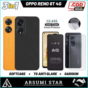 Promo Paket Murah 3in1 Case OPPO RENO 8T 4G 5G Camera Softcase Slim Black Matte Casr Liquit + Tg Anti Gores Ceramic Matte Anti Spy + Garskin Carbon 3D
