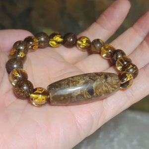 Gegegems Creation Tibetan Shankha fossil Natural Eyes Dzi with 10mm Bronzite & Smoky Quartz Om Mani Padme Hum bracelet 藏传天眼法螺天珠茶晶六字真言古铜輝石手链
