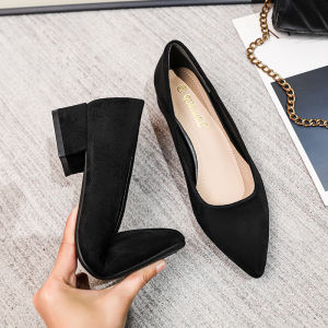 Womens mid Heel Work Shoes Black Professional Interview Shoes Leather Upgraded Fiber Slip-On Office Shoes Anti-Slip Rubber Sole