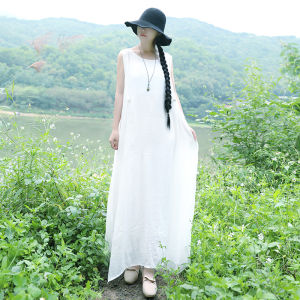 Summer Loose Swing Dress Womens Sleeveless Plus Size Silk Linen Double Layer Dress Artsy Vest Dress Long Dress