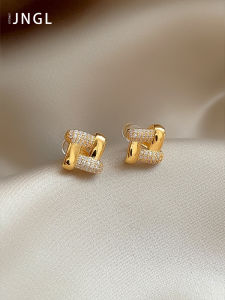 Golden Diamond Embedded Geometric Womens Earrings Fashionable Small Audience Design Elegant Alloy Ear Studs Jewelry
