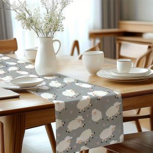 Heart & Sheep Linen Table Runner Washable & Reusable Universal Table Runner for Kitchen Dining & Party