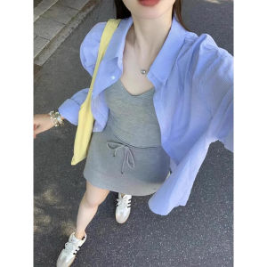 Blue Striped Casual Vacation Long Sleeve Shirt Womens Loose Korean Style Air Conditioned Top Cotton Polo Collar Button up