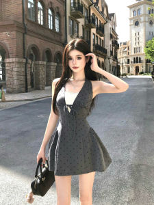 Wahju Summer New Polka Dot Neck Hanging Belted Waist Slimming Dress Womens Top Fashionable Commute Style Soft Polyester Fabric