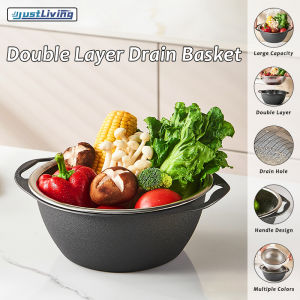 JustLiving ตะกร้าอเนกประสงค์ Keranjang Tirisan ชั้นสแตนเลสสองชั้นสำหรับห้องครัวพร้อมที่จับคู่ดีไซน์ชุดชามที่กรองล้างข้าวกล่องล้างจานสำหรับห้องครัวของใช้ในครัวเรือนอ่างล้างหน้าผลไม้