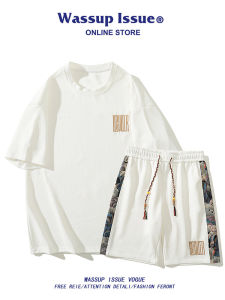 Wassup Issue Mens Sportswear Set Casual Loose Short Sleeve T-shirt Shorts Summer Fashion Polyester Teenagers Outfit