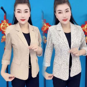 Casual Slim Fit Moms Blazer Jacket Thin Fashionable Leopard Print Suit Top Commute Style Polyester Fabric Regular Sleeve Length