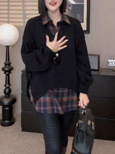 Vintage Fashion Korean Style Womens Long Sleeve Knitwear V-Neck Sleeveless Plaid Shirt Age Reduction Whole Set Lazy Style