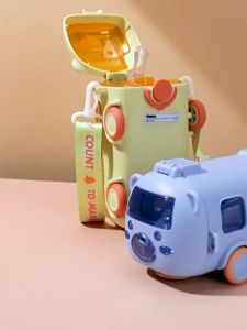 500ML Cartoon Bus Kids Toy Water Bottle with Strap Straw Cute Car BPA Free Leak-Proof Botol Air Bas Bear Viral 可爱巴士水瓶