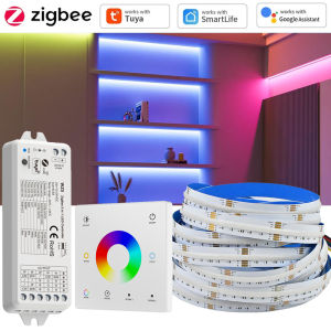10M 20M Tuya Zigbee 3.0 COB RGB+CCT LED Strip 24V Dimmable Room Liner Light RF Touch Remote Control for Alexa Google Assistant