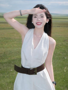 SUSIEYUAN | White Sleeveless Neck Hanging Dress Women Summer 2025 New Style Travel Outfit Long Dress Sweet Style High Waist A-Line Skirt