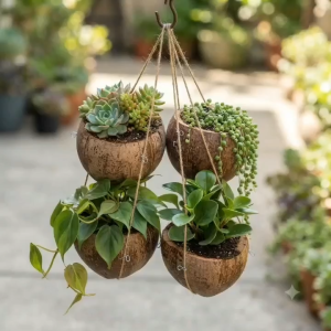 CHOOSY 2 PCS COCONUT HANGING FLOWER POT FOR ORCHIDS - Natural rustic hanging coconut shell two pieces for orchids outdoor garden use.